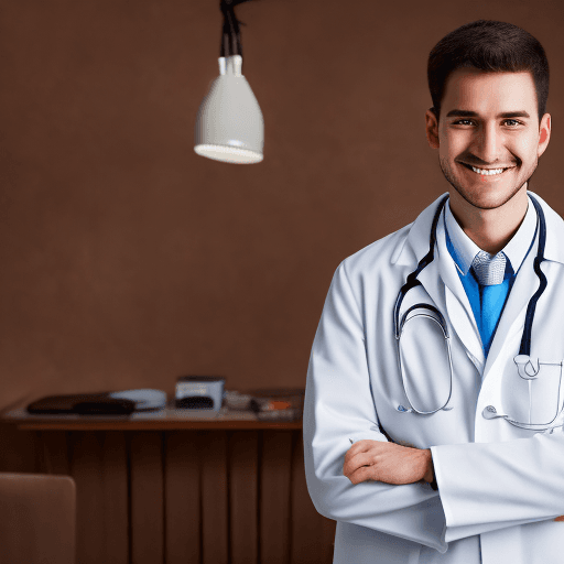 AI generated: Happy doctor using a white coat and wearing a stethoscope around the neck looking forward with a big...