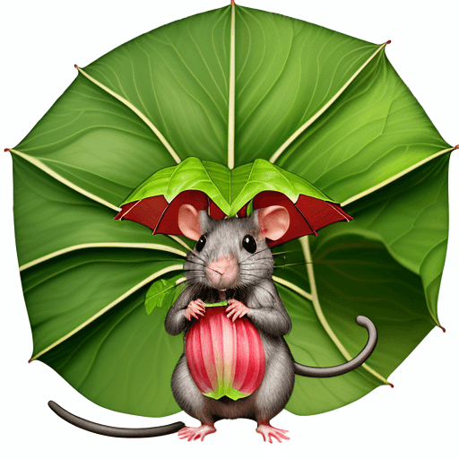 AI generated: a rat holding a rhubarb leaf like an umbrella hiding from the rain --ar 25:32 --style raw --stylize ...