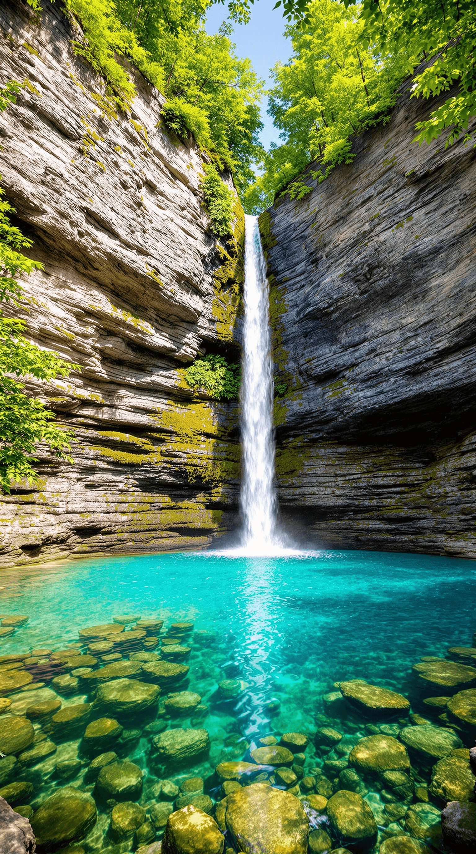 AI generated: "A breathtaking natural scene of a high, rocky cliff with a crystal-clear waterfall cascading into a...