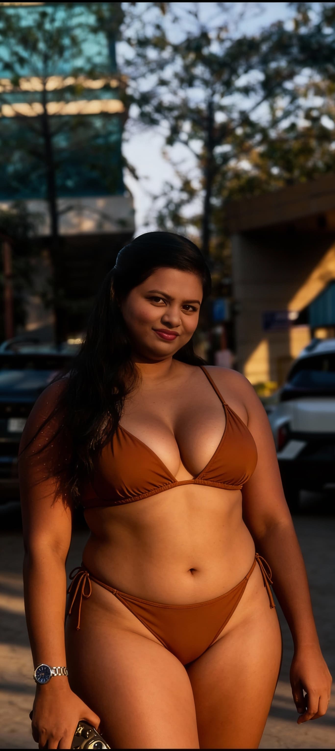 AI generated: She is chubby girl with big boobs small waist and wider hips.
She wearing bright browncolor hot biki...