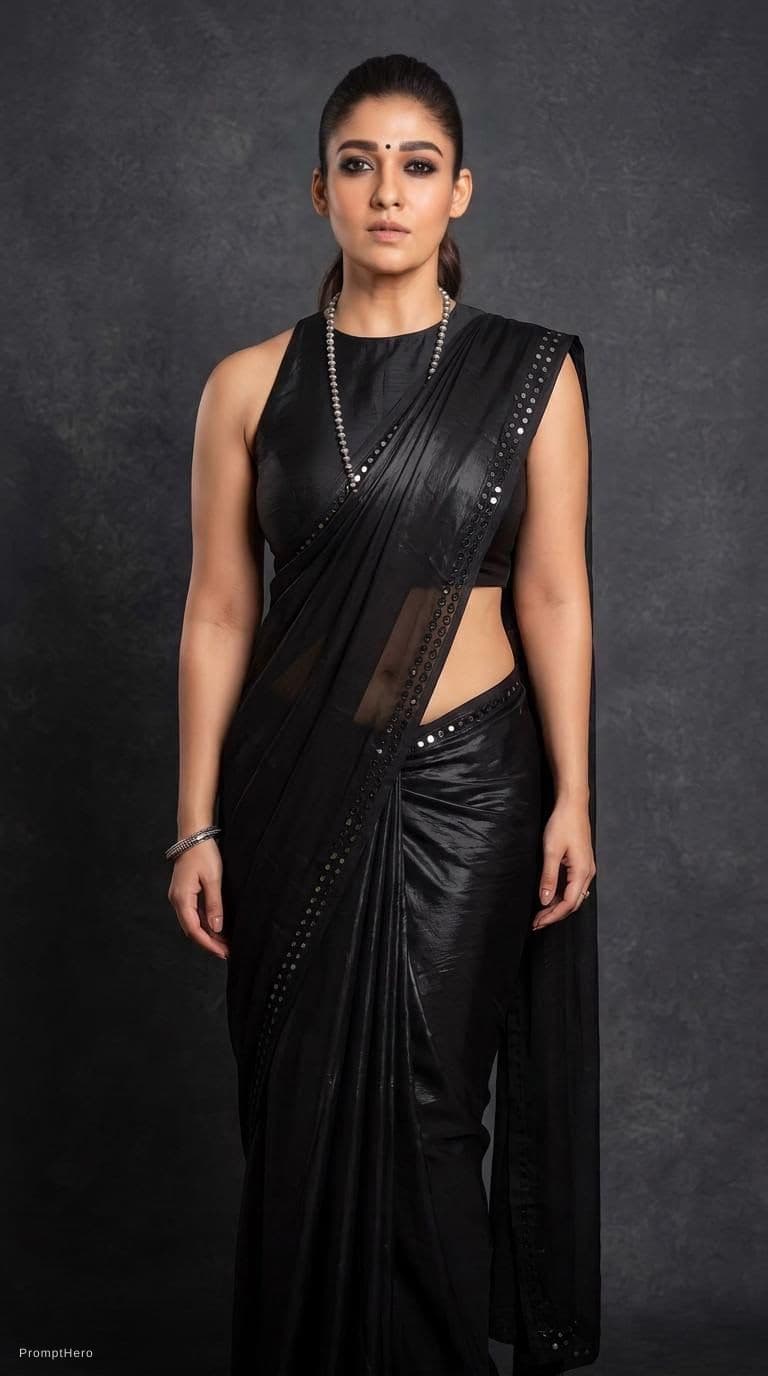 AI generated: Tamil girl. modern sexy glossy mirror saree, wearing saree saree saree model. glossy mirror saree Na...