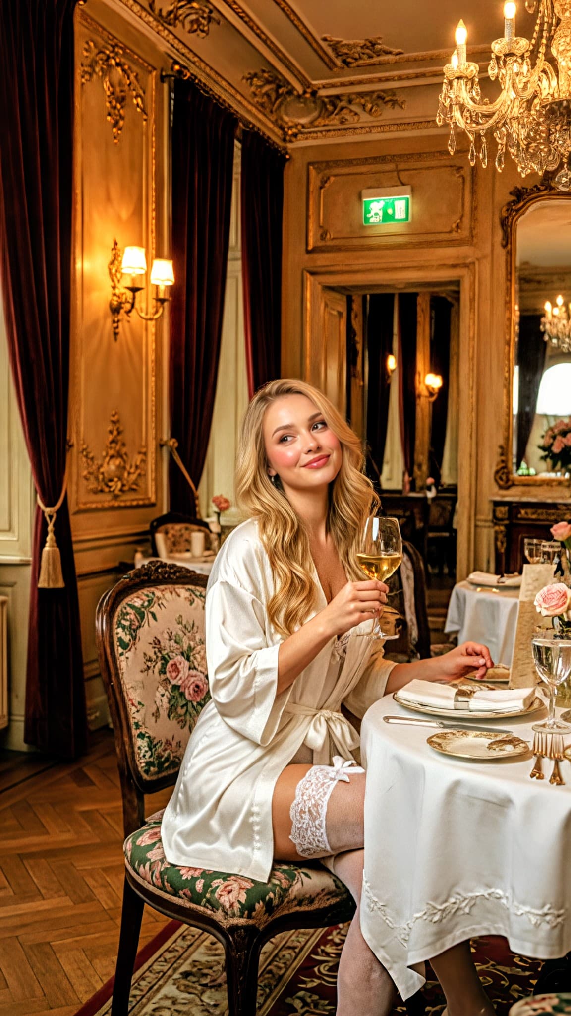 AI generated: A beautiful young woman with long, flowing blonde hair and a warm smile, sitting elegantly in a luxu...