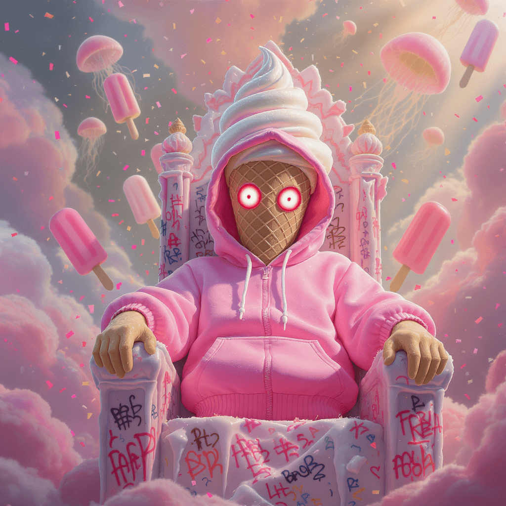 AI generated: Create a surreal, high-definition digital artwork of an anthropomorphic ice-cream cone wearing an ov...