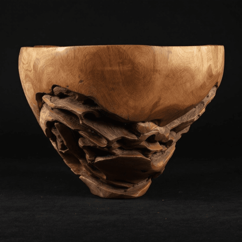 AI generated: SIDE PROFILE VIEW, A LARGE CARVED DEEP WOOD BOWL CARVED FROM WALNUT WOOD