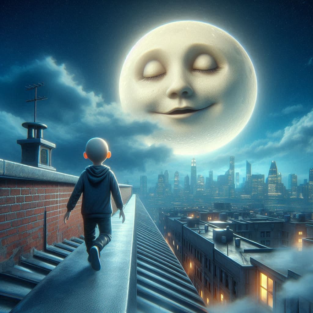 AI generated: A sleepwalker on the roof at full moon, in the style of realistic hyper-detailed rendering, soft, dr...