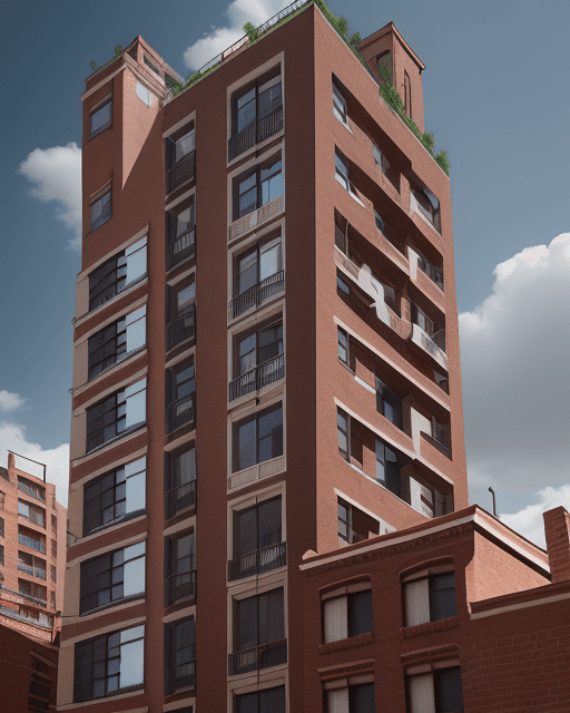 AI generated: towers of five-story residential buildings separated with brick facade and located in a neighborhood...