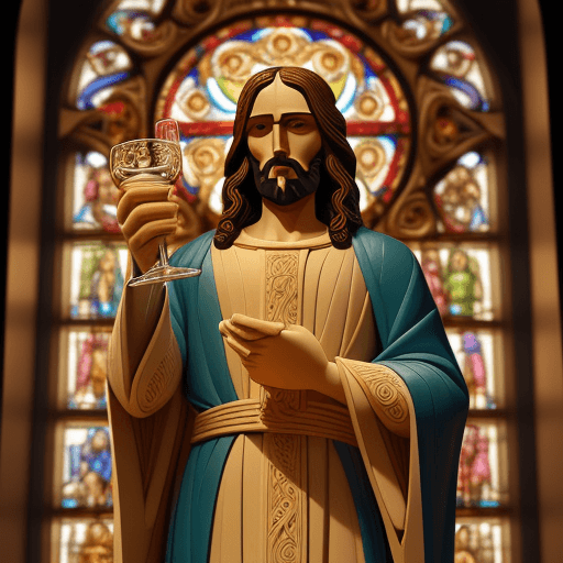 AI generated: paper quilling of Jesus Christ holding a big host and a medium sized intricately carved chalice very...