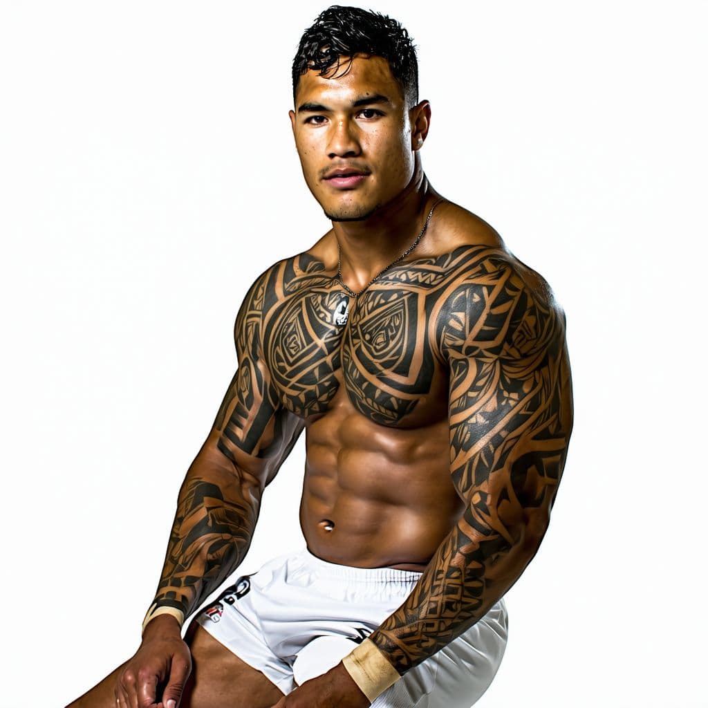 AI generated: Generate a vivid and explicit photograph of a rugged, golden brown skinned Maori new zealand tattooe...