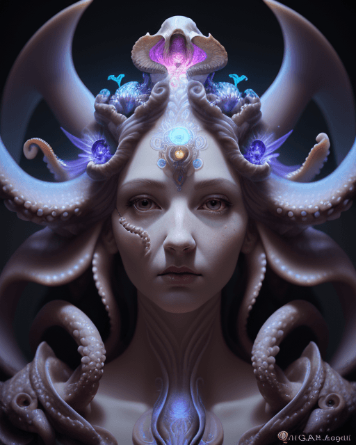AI generated: Goddess close-up portrait ribcagel. Octopus phoenix head, nautilus, orchid, skull, betta fish, biolu...
