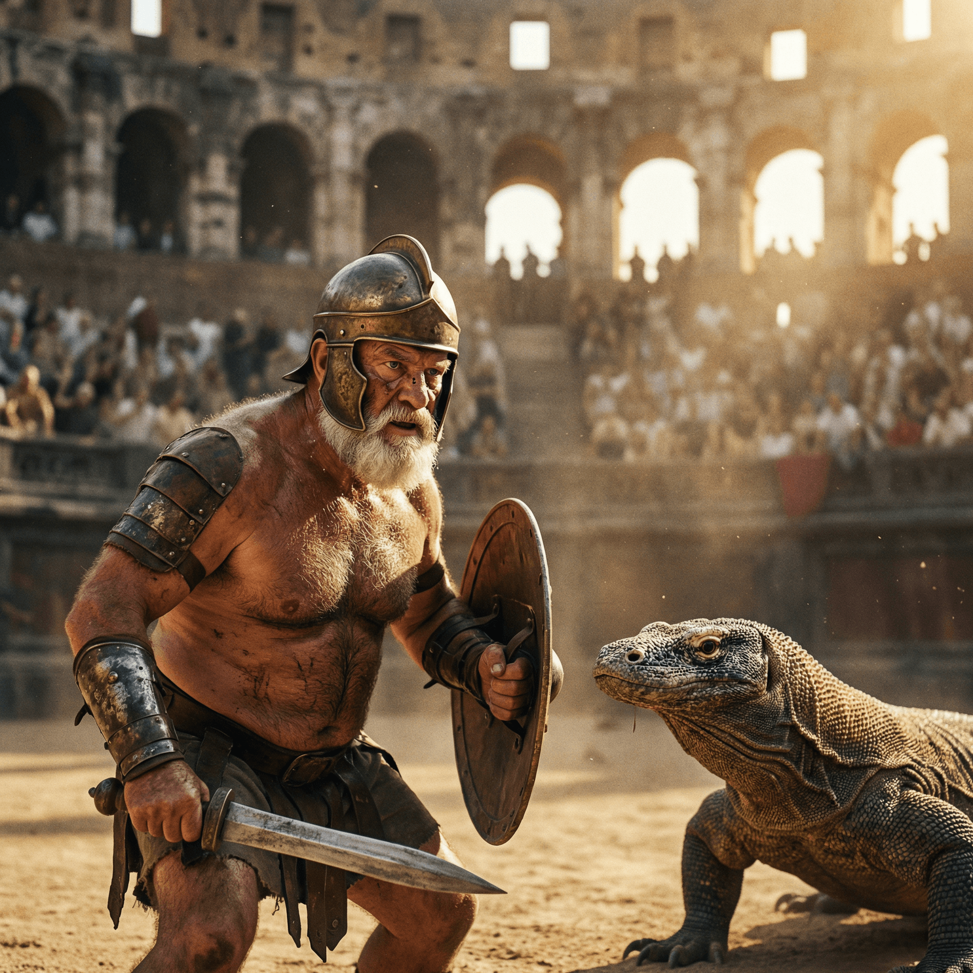 AI generated: Ultra-realistic documentary-style action photography inside the Roman Colosseum, bathed in warm gold...