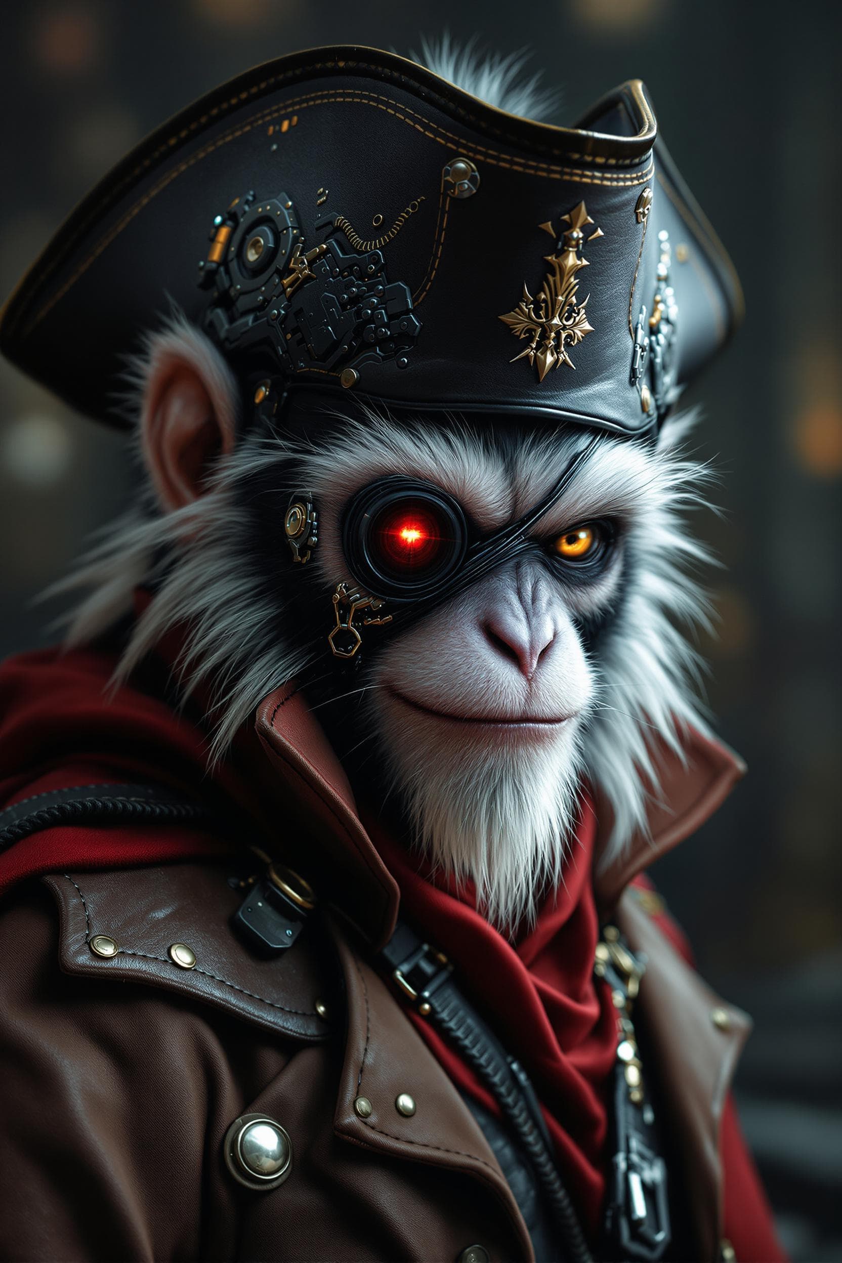AI generated: ultra realistic photo, cyberpunk style character portrait, male black and white fur anamorphic spide...