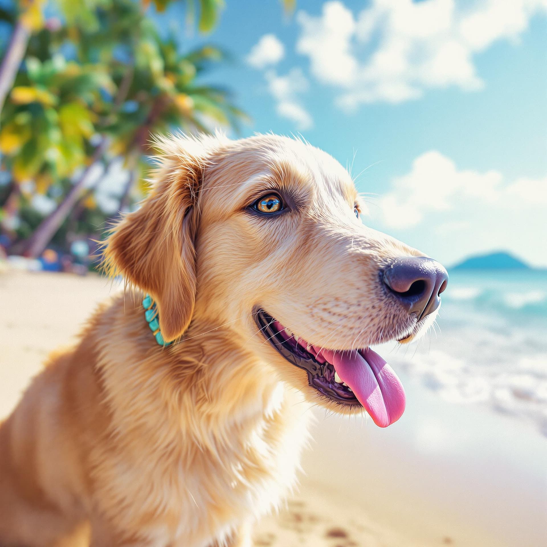 AI generated: shot of vaporwave cute fashion golden retriever puppy in Hawaii looking into camera with beach sunny...