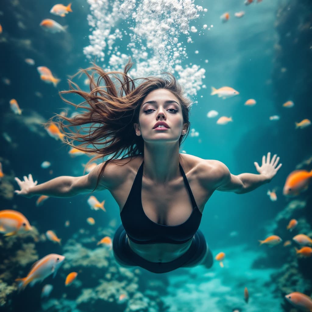 AI generated: female, The image features a woman diving under water. She is skillfully flowting and swimming. 
The...
