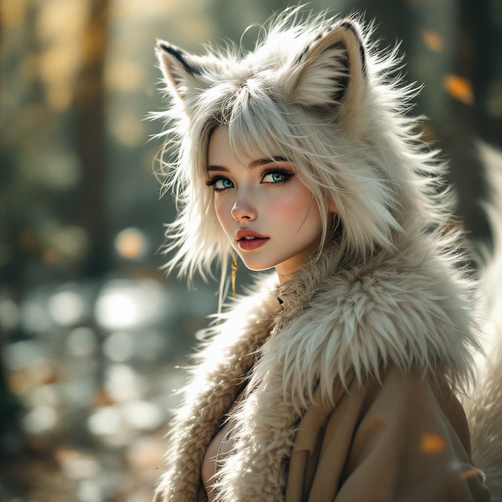 AI generated: fluffy nine-tailed fox girl by Wlop and Guweiz, Hyper-realistic, photography, real, professional, 8k...