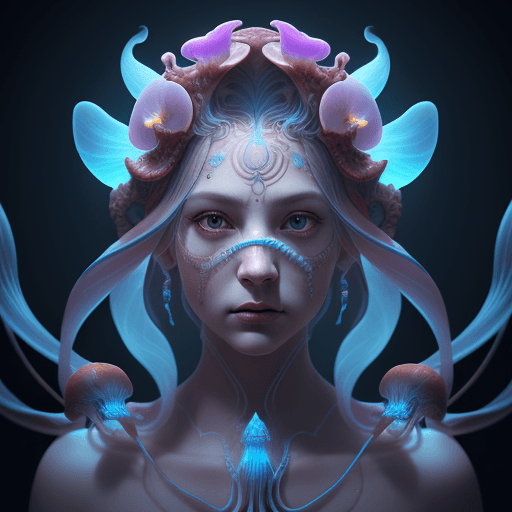 AI generated: Goddess close-up portrait ribcagel. jellyfish phoenix head, nautilus, orchid, skull, betta fish, bio...