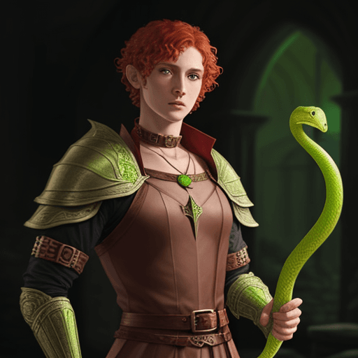 AI generated: fantasy, cleric of hesinde, short red curly hair, male, lime armor, lime mitra, snake choker, snake ...