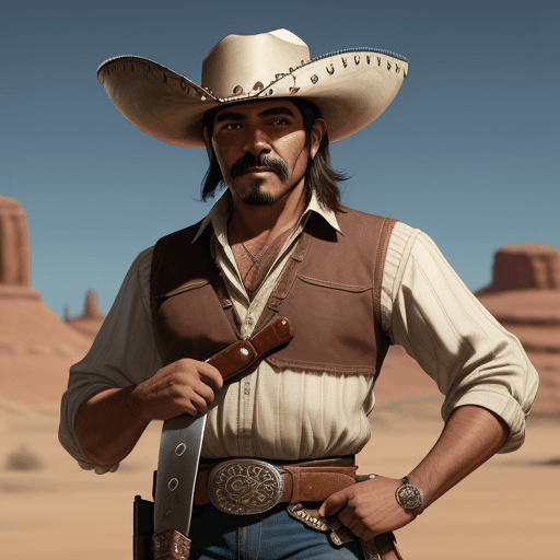 AI generated: a friendly looking mexican cowboy, knifes on his belt, wild west style, 8k