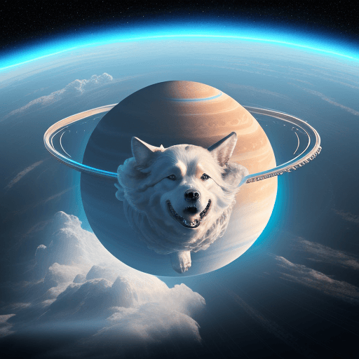 AI generated: dog made of clouds howling at giant rising planet with rings in space, curvature of earth, aerial vi...