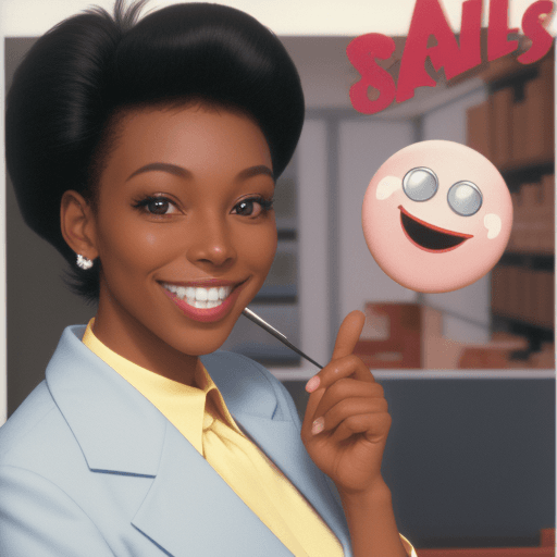 AI generated: Sales representative from the 80 , with a smile and maje a funny face