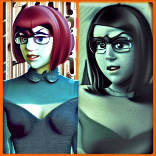 AI generated: velma from scooby-doo, beautiful charismatic girl, showing piercing, athletic body, a woman an orang...