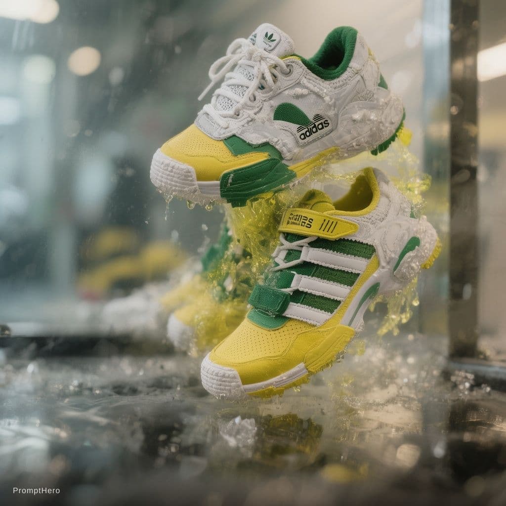 AI generated: photograph, productive, Adidas , white and Green ange, yellow, reflection