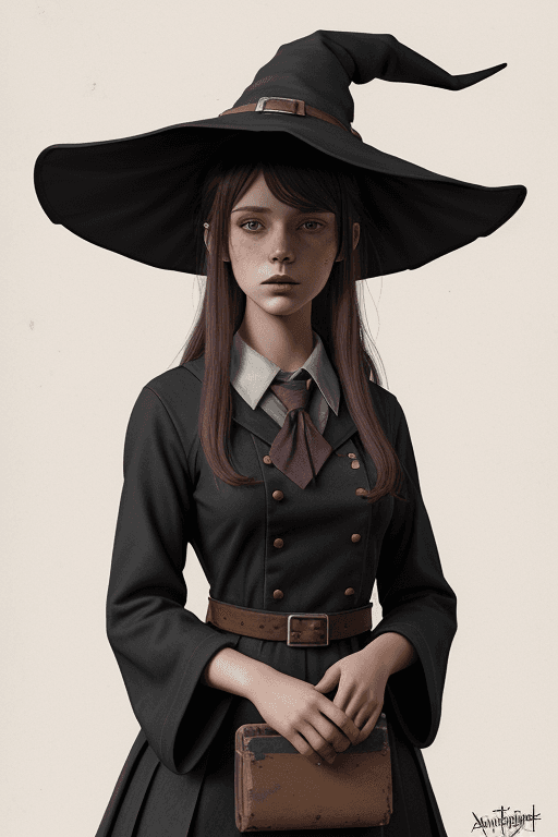 AI generated: rugged girl witch wearing a magic school uniform, large wide-brimmed witch hat, cinematic, elaborate...