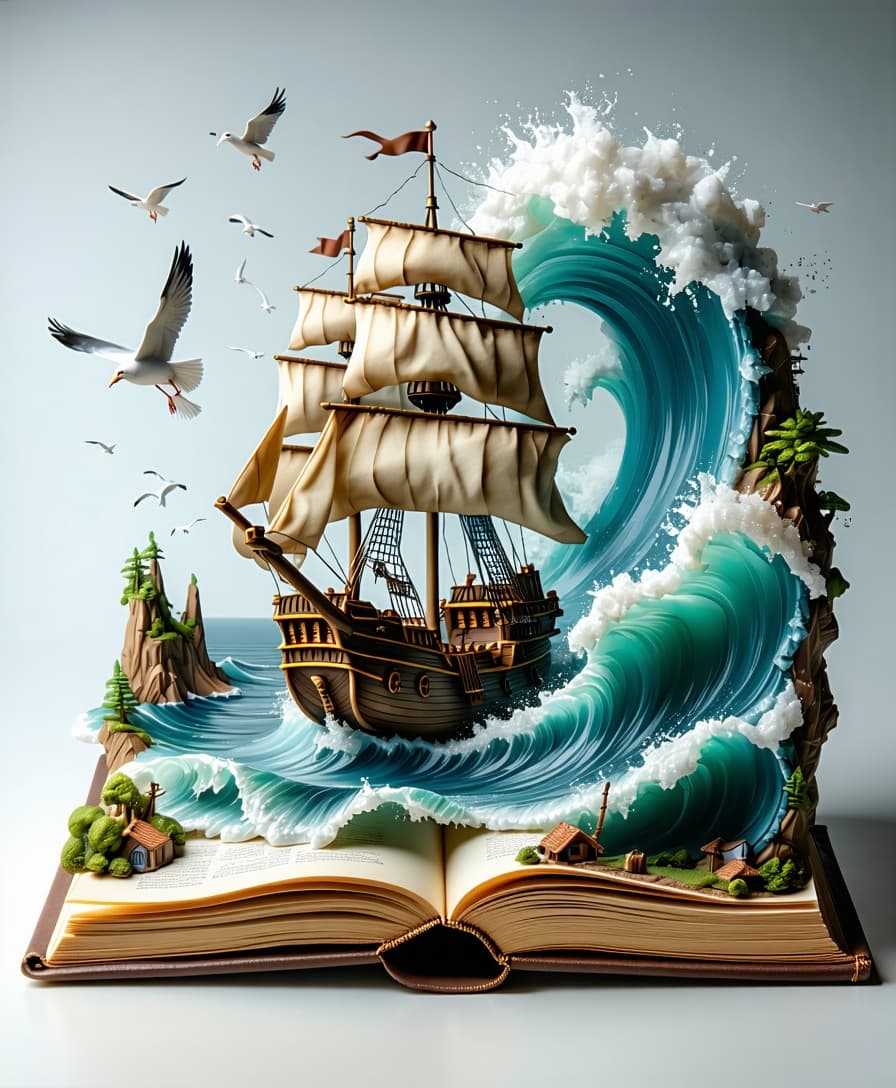 AI generated: <lora:Book Life:1.0> A 3D image emerges from the pages of an open book on a treasure island, depicti...