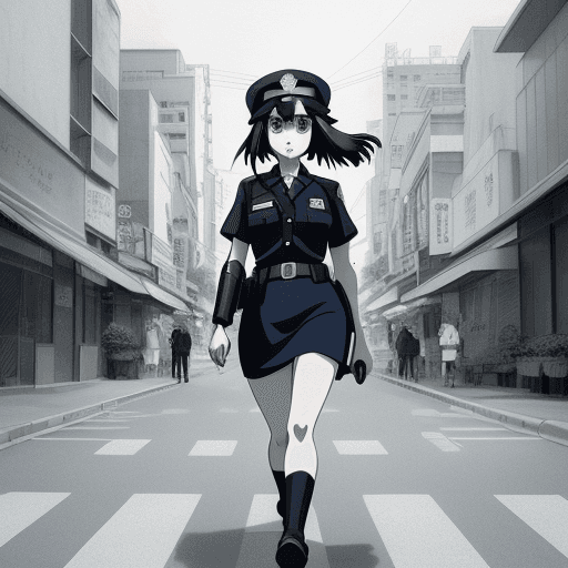 AI generated: no color, perfect anime illustration, portrait of a police girl walking in city, {{{{{{ lineart }}}}...