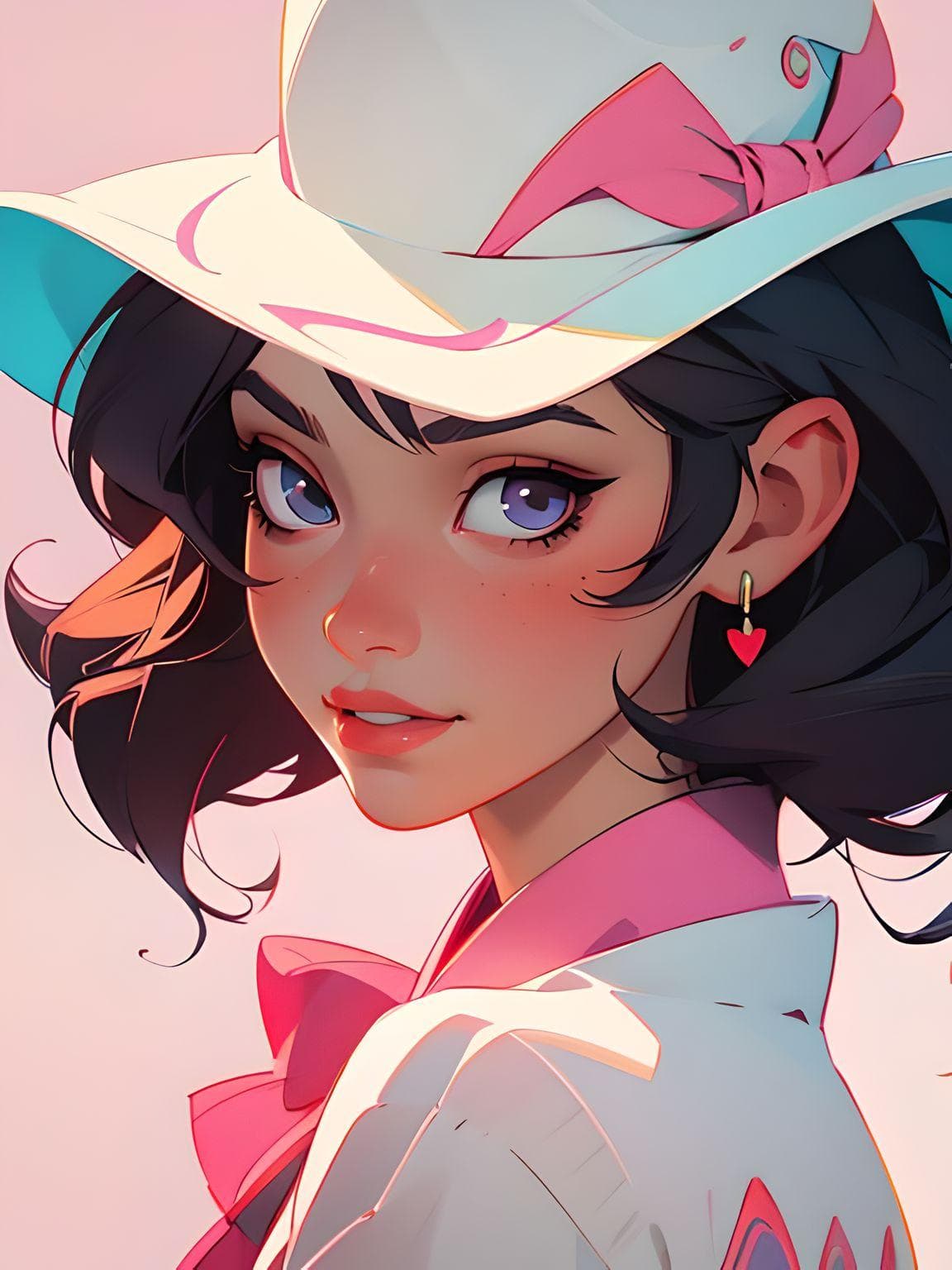 AI generated: a painting of a woman wearing a hat, a digital painting, by Russell Dongjun Lu, digital art, close u...