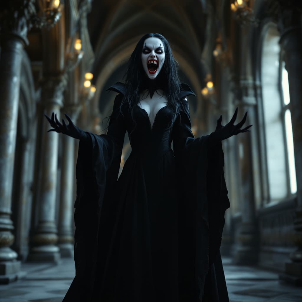 AI generated: female vampire, a vampire woman nosferatu 
with enormously long incisors with her mouth open, reveal...