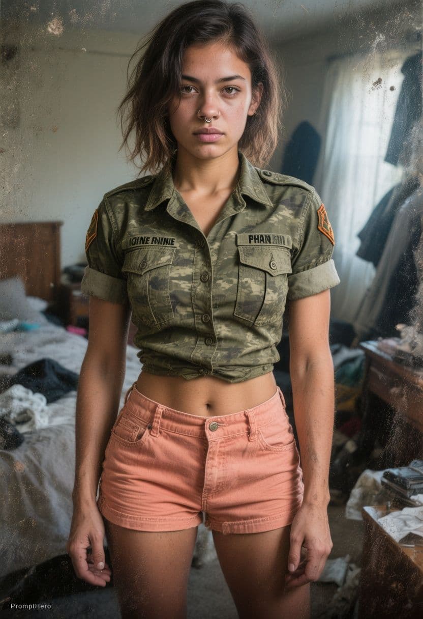 AI generated: Low-quality iPhone photo of a young muscular woman with light-to-medium olive skin tone, narrow wais...