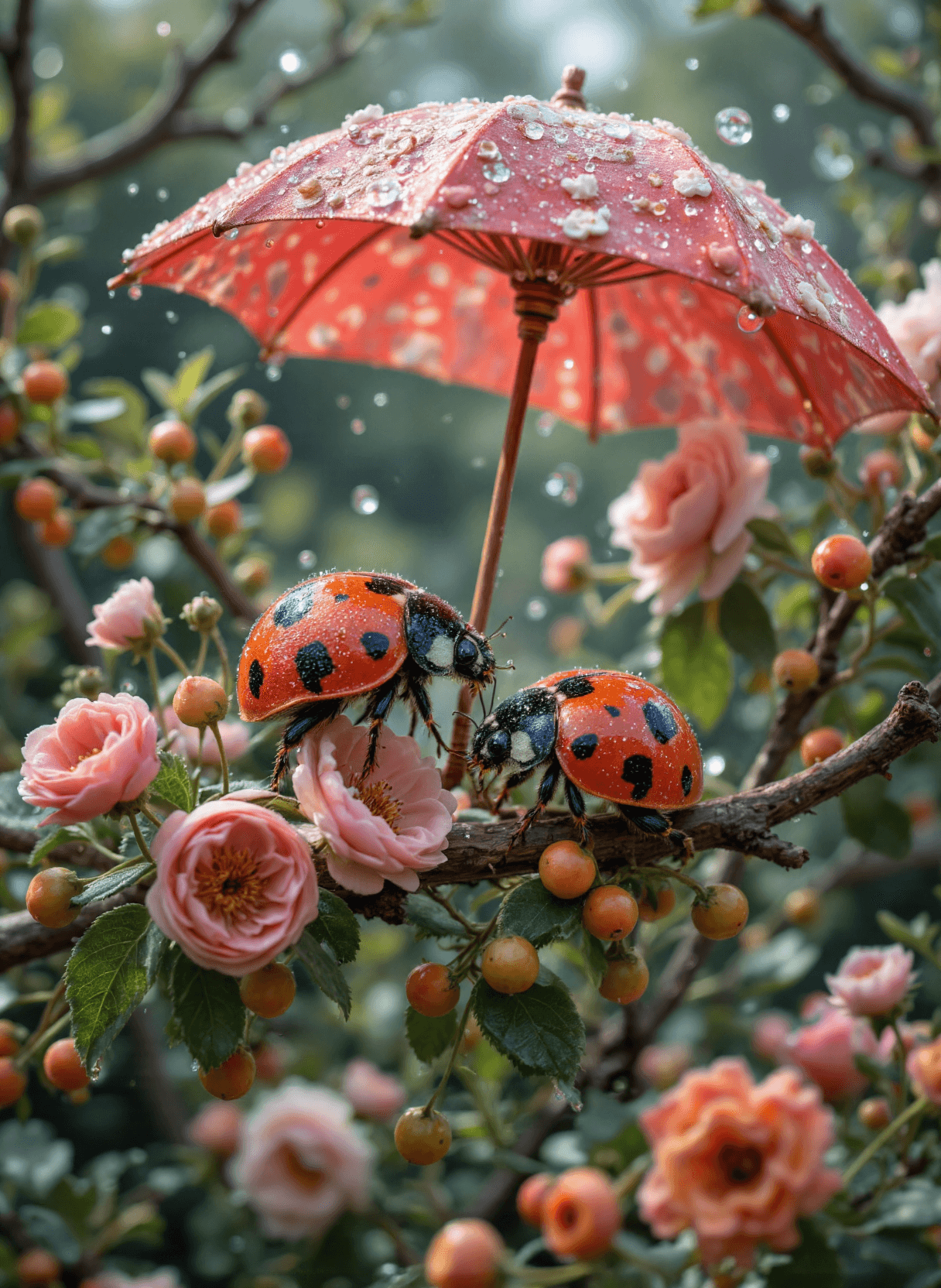 AI generated: The image depicts a whimsical and charming scene featuring two ladybugs on a branch. The background ...
