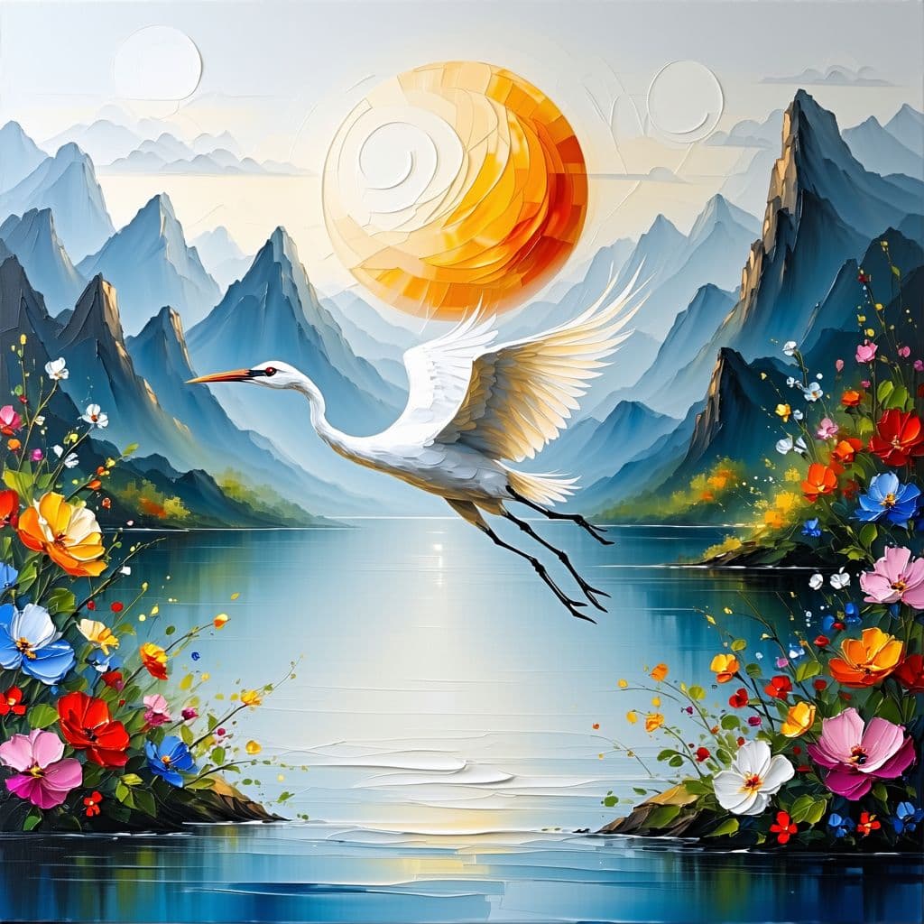 AI generated: A white crane flying over the lake, surrounded by mountains and colorful flowers blooming on both si...
