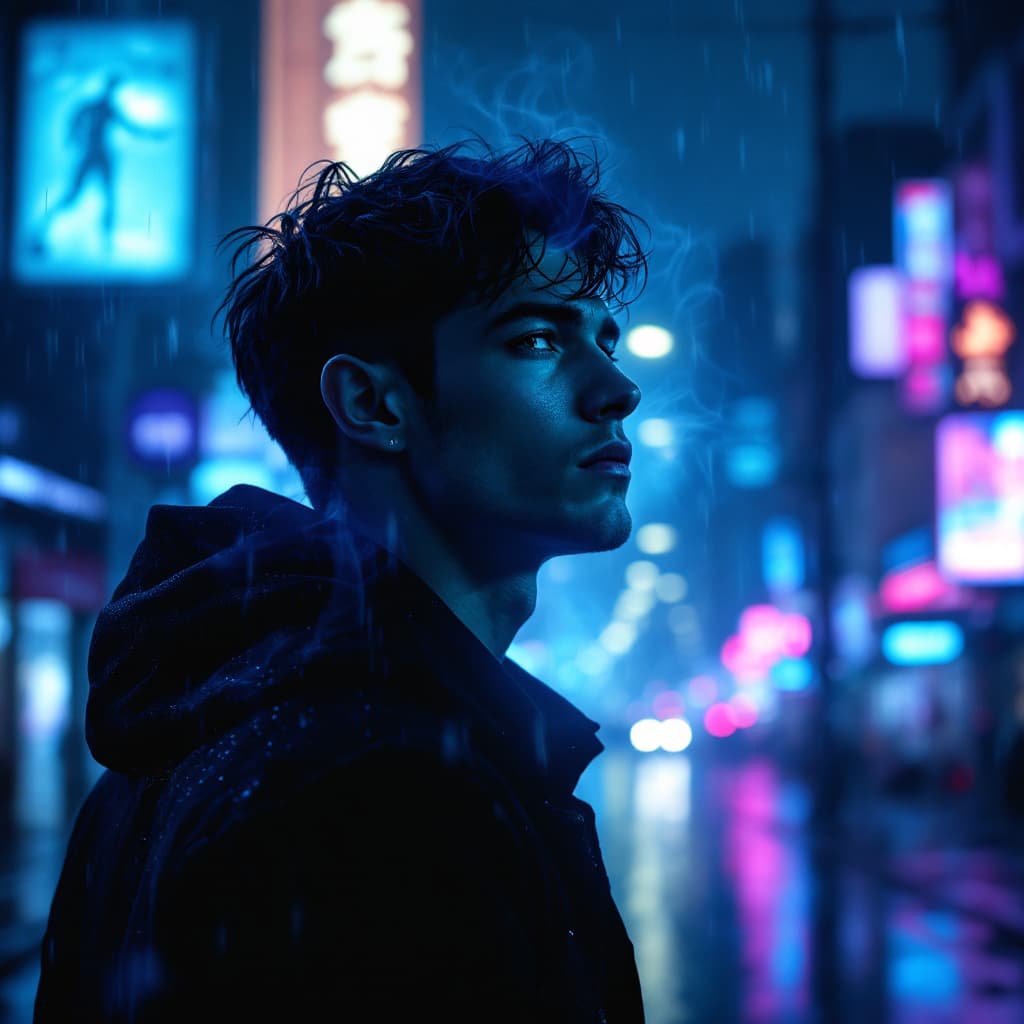 AI generated: A young man with sharp facial features, short dark hair, and deep, expressive eyes stands alone in a...