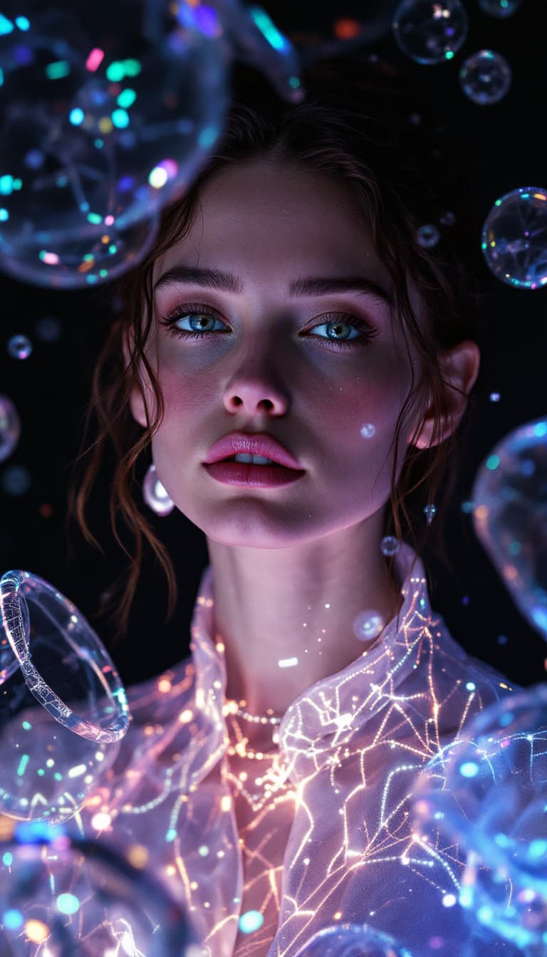 AI generated: Portrait of a futuristic cyberpunk textile designer, centered, surrounded by holographic fabric patt...