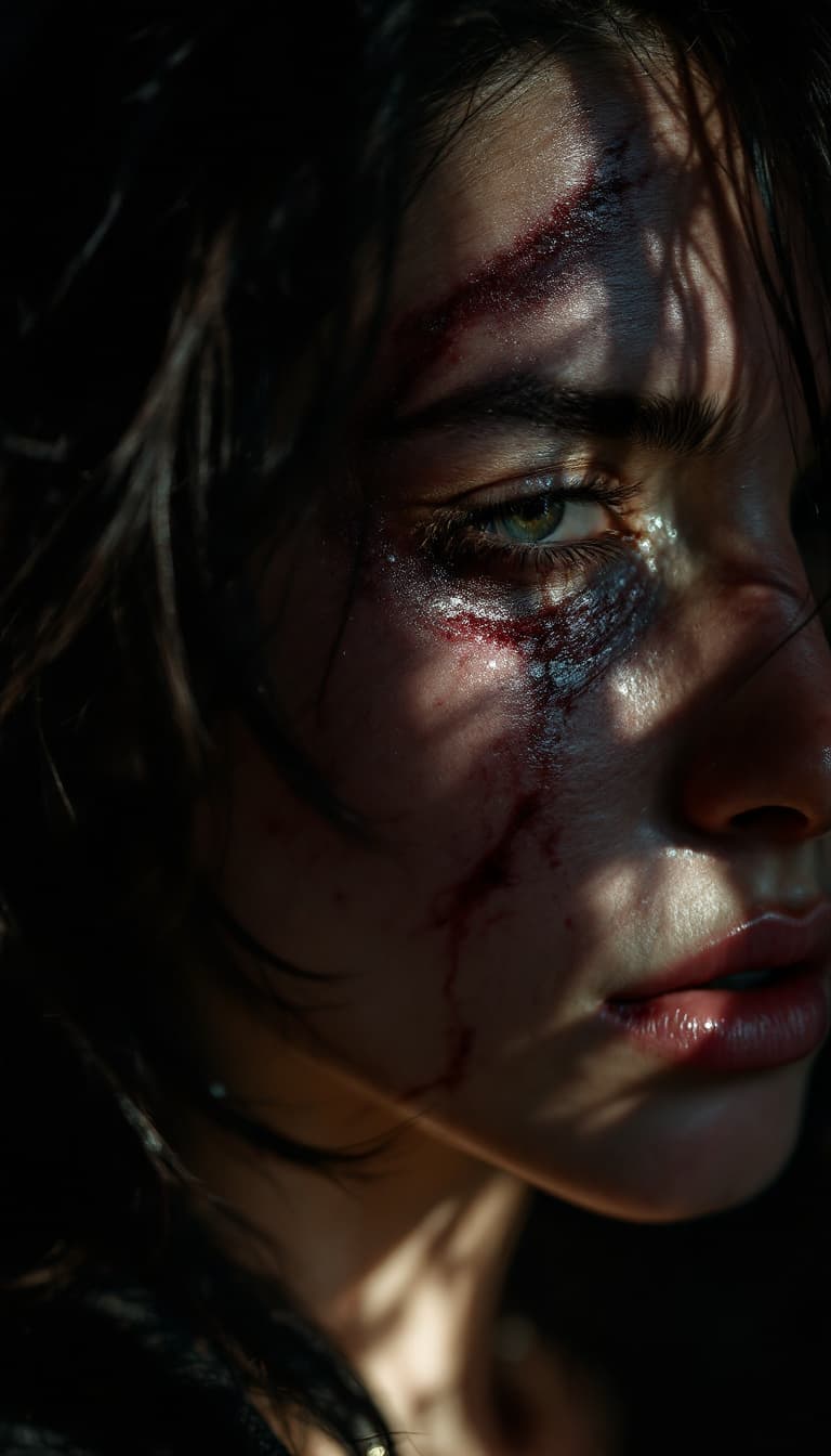 AI generated: high-resolution photograph, woman, ugly scar in the face, exposed body,  stunning use of shadows, in...