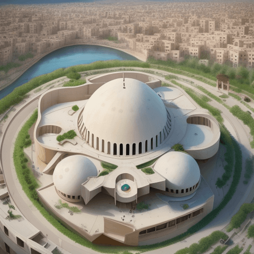 AI generated: sustainable cultural museum for kids in Syria - bird eye perspective 