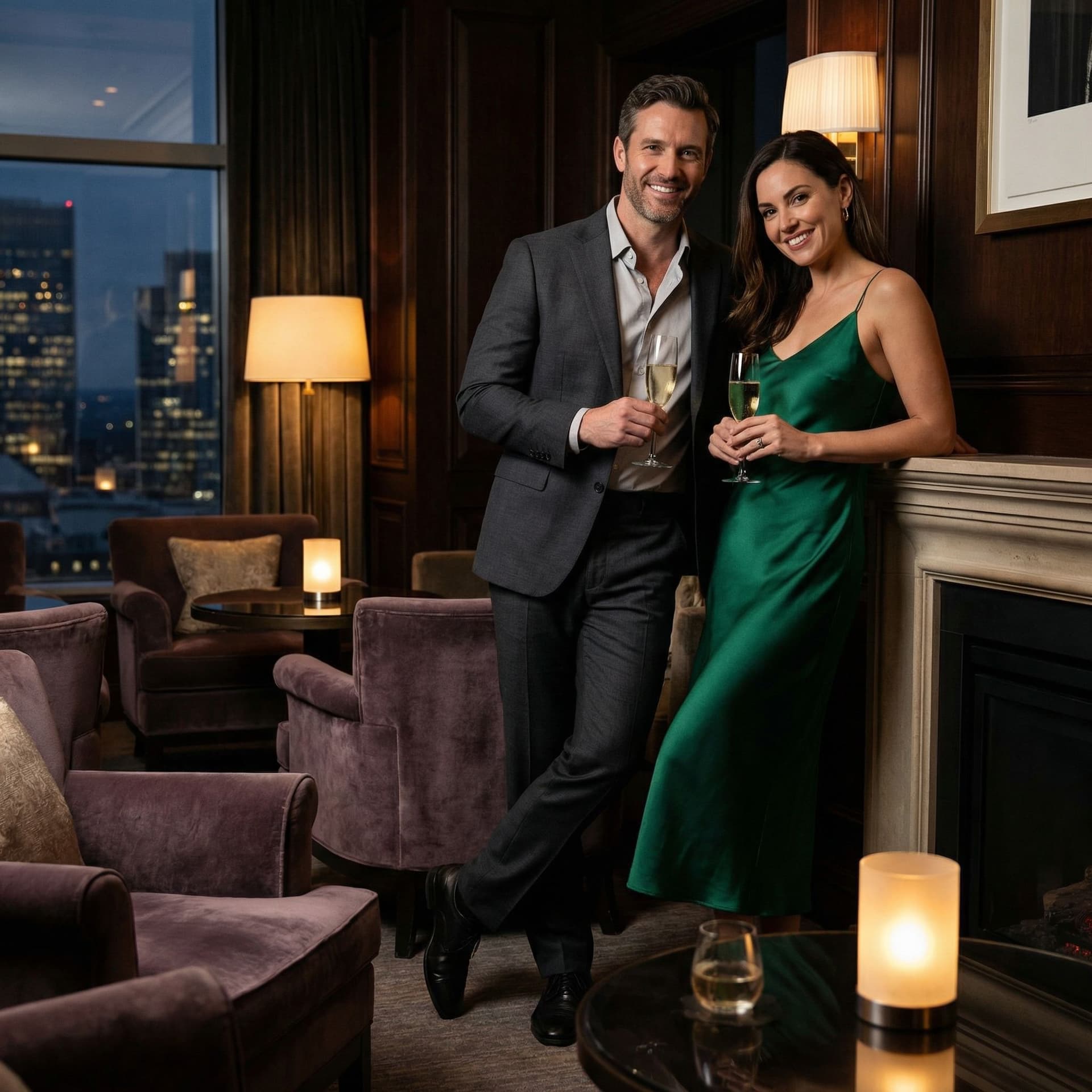 AI generated: A stylish, attractive couple in their mid-30s, both fit and well-shaped, standing together in a luxu...