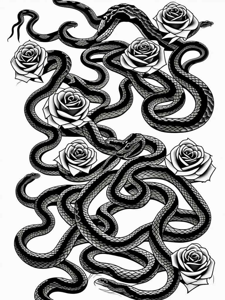 AI generated: snakes, tattoo sketch, smooth transitions, black patterns, more details, more flowers, pions, roses,...