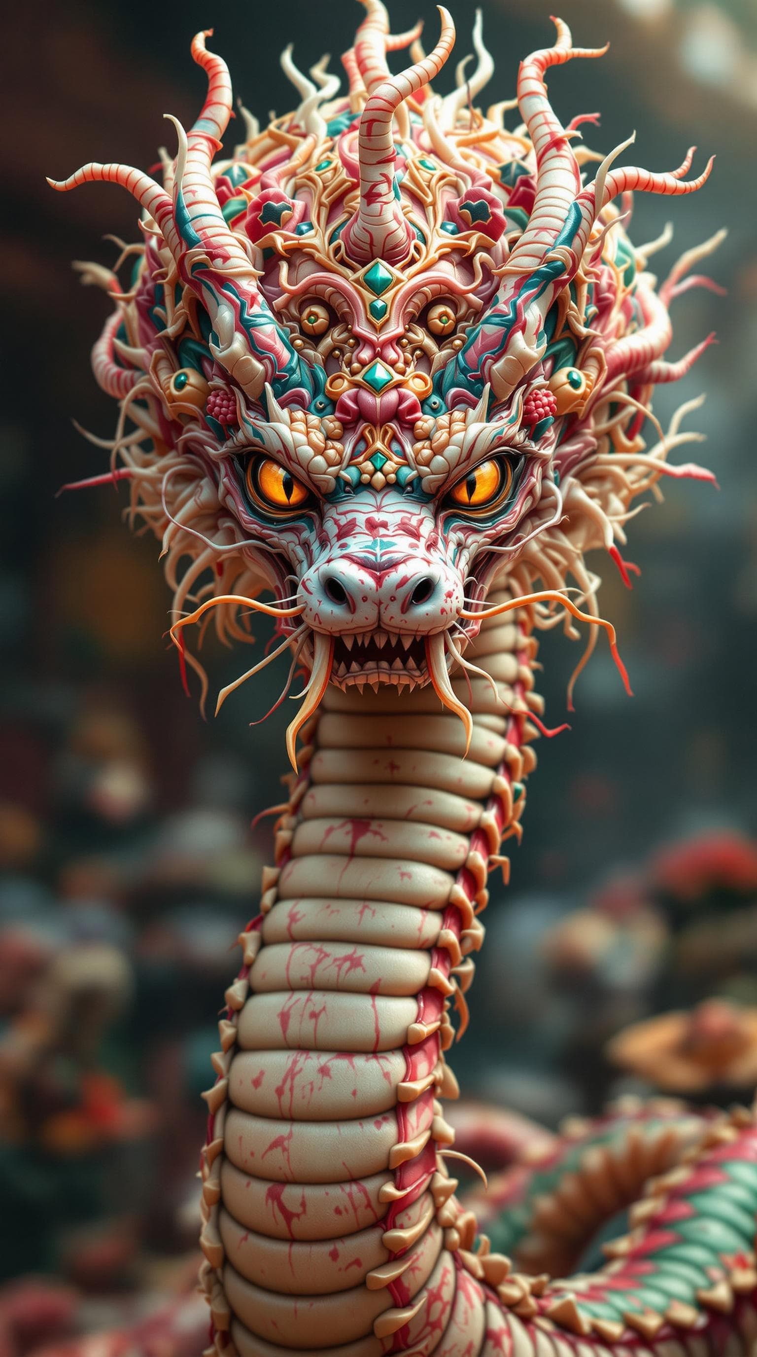 AI generated: A full-body masked snake, mottled with flesh and bones,colorful chinese decorative patterns,thwy sty...