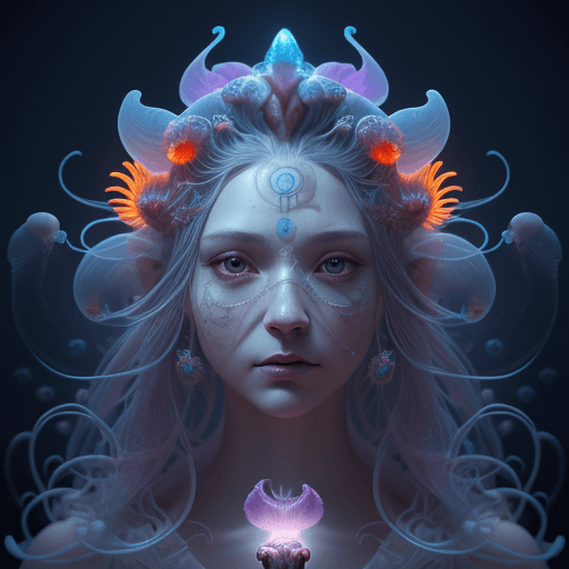 AI generated: Goddess close-up portrait ribcagel. jellyfish phoenix head, nautilus, orchid, skull, betta fish, bio...