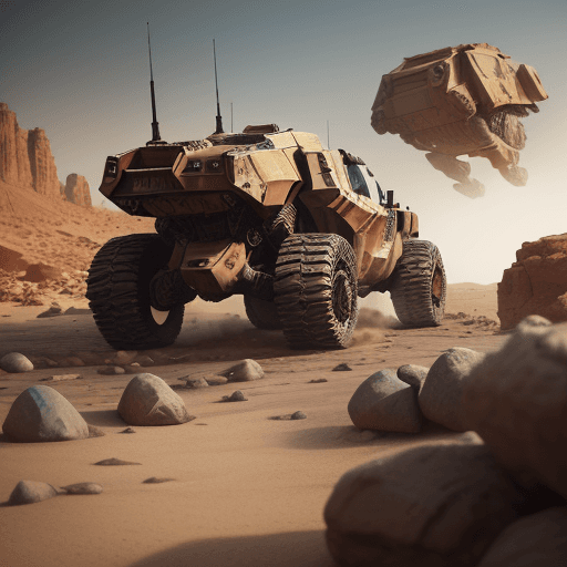 AI generated: mechwarrior with 
back knee and include driver ,same t-rex ,in desert with rocks and stones,veiw ang...