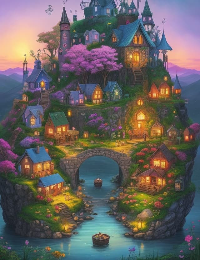 AI generated: fantasy game for  village whimsical village ,hypper detailed , peaceful mood ,The central theme coul...