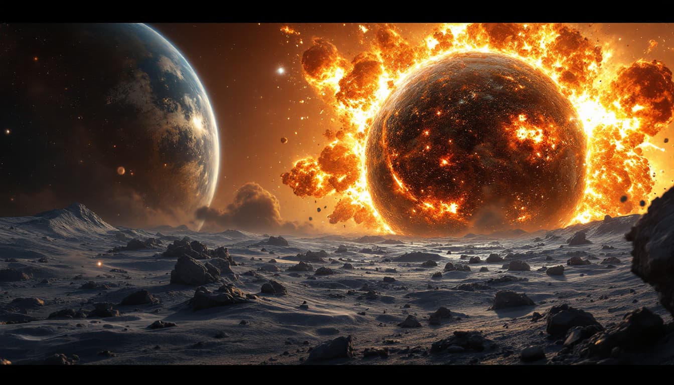 AI generated: A dramatic scene depicts an interstellar planet crashing into the Earth's surface, with the planet i...