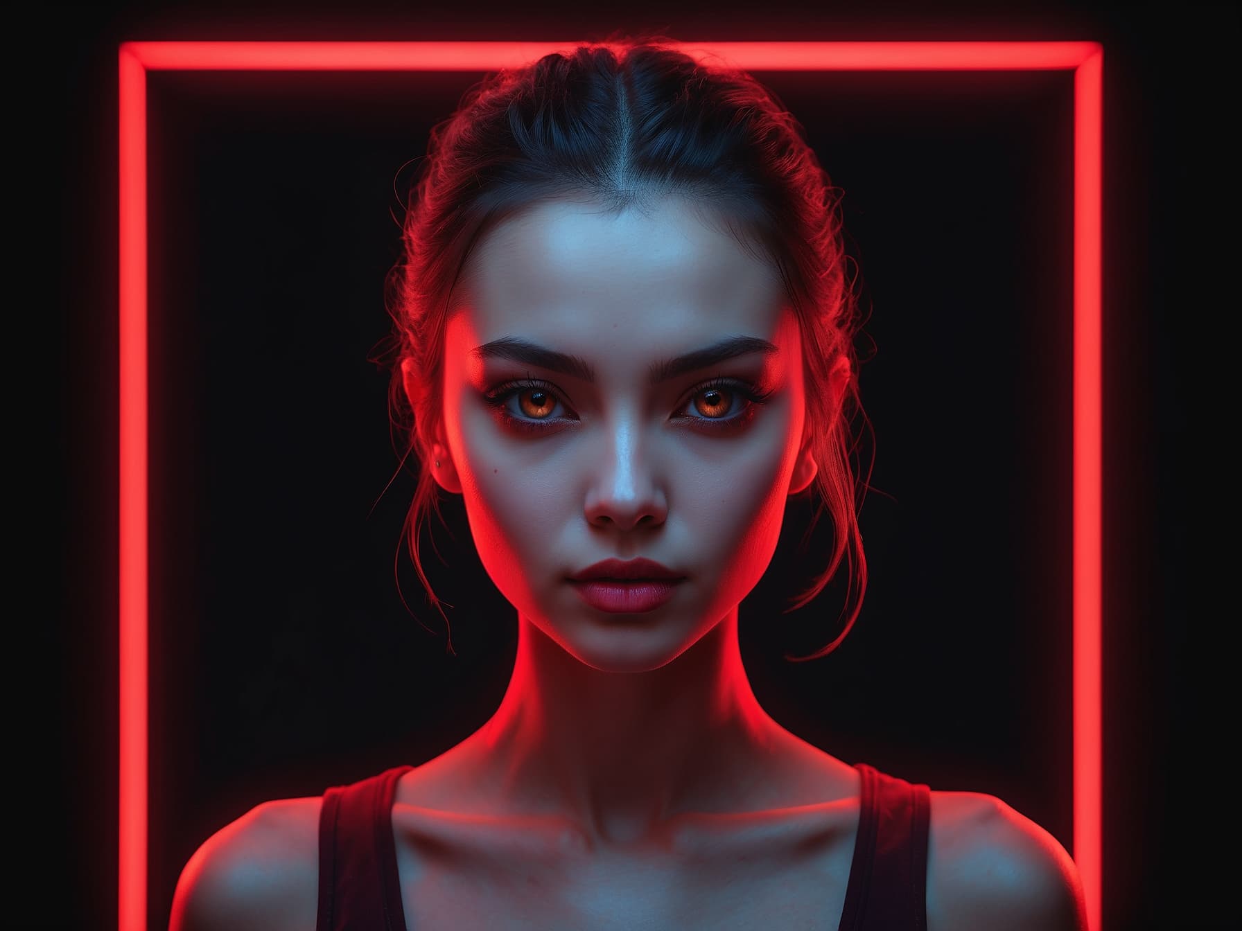 AI generated: a woman with a red neon frame around her neck, cyberpunk art by Jan Tengnagel, trending on cg societ...