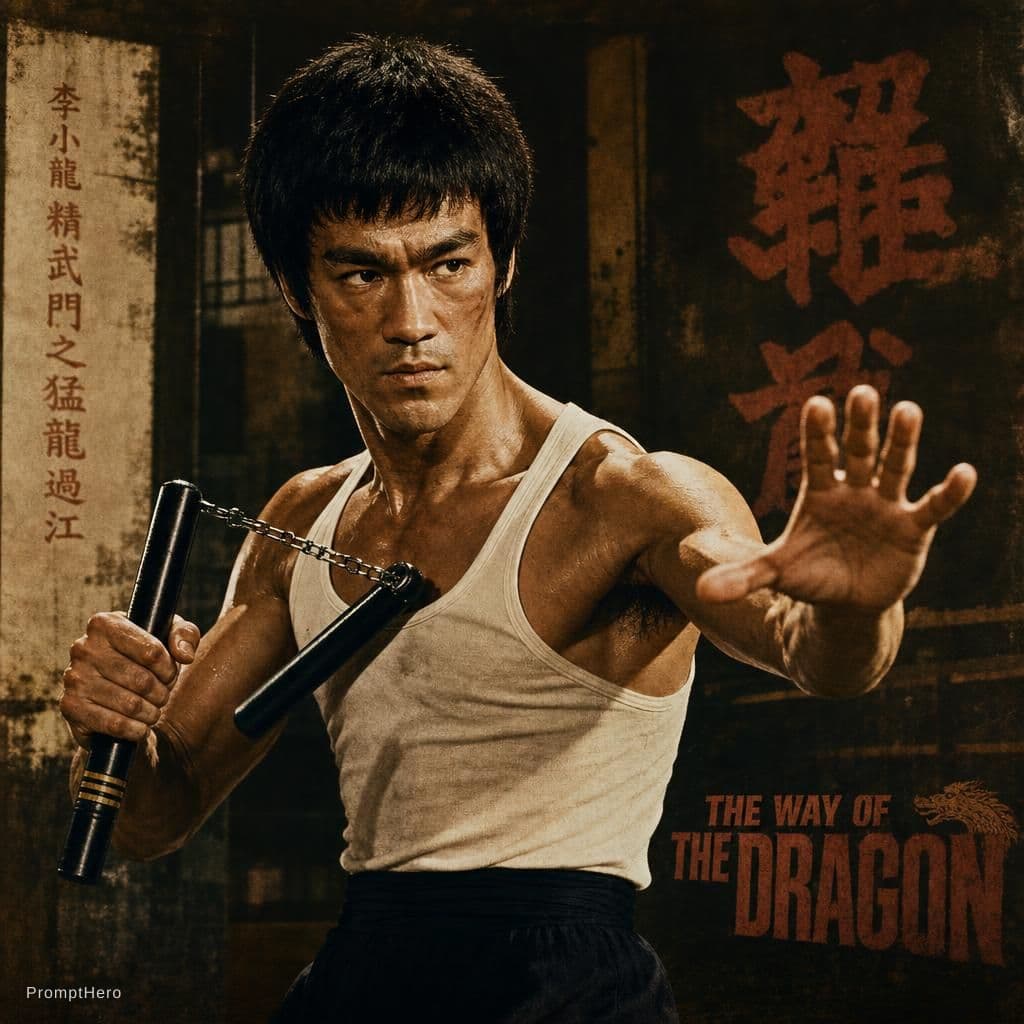 AI generated: A detailed illustration of Bruce Lee in his iconic role from the 1972 film "The Way of the Dragon," ...