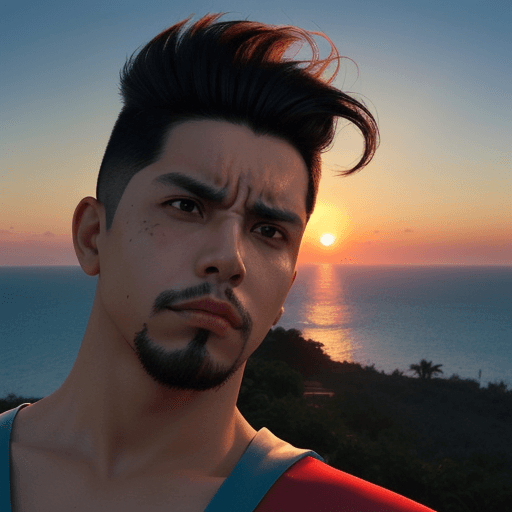 AI generated: A Hispanic man with superpowers with the hair style quiffy watching the sunset with angry and he wan...