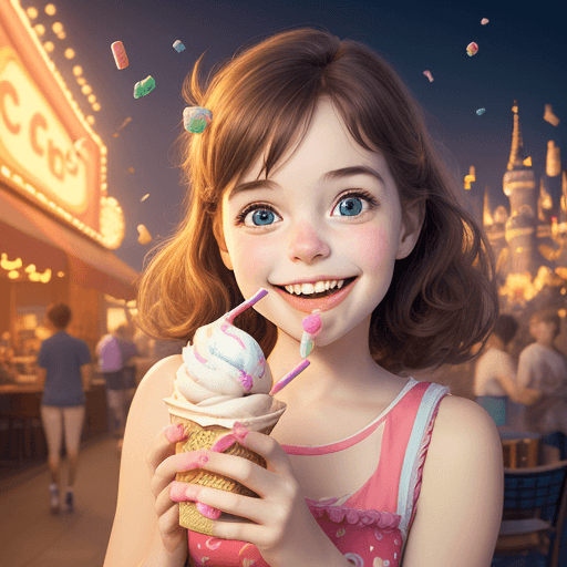 AI generated: 
cute, adorable, smiling girl eating ice cream, candies flying all around her, Pixar, disnet, cinema...