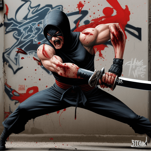 AI generated: comic book number one, ninja slashing through enemy, blood splashing, sword microphone, music notes,...