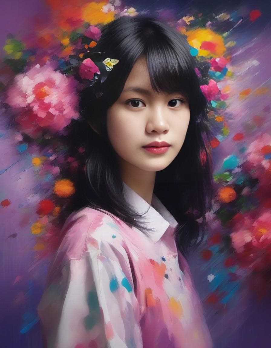 AI generated: A vibrant painter creating an abstract masterpiece, with colorful hair, Longshot, in the style of Ka...